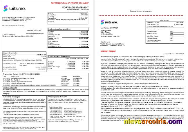 United Kingdom Suits Me bank mortgage statement, 3 pages 1-2